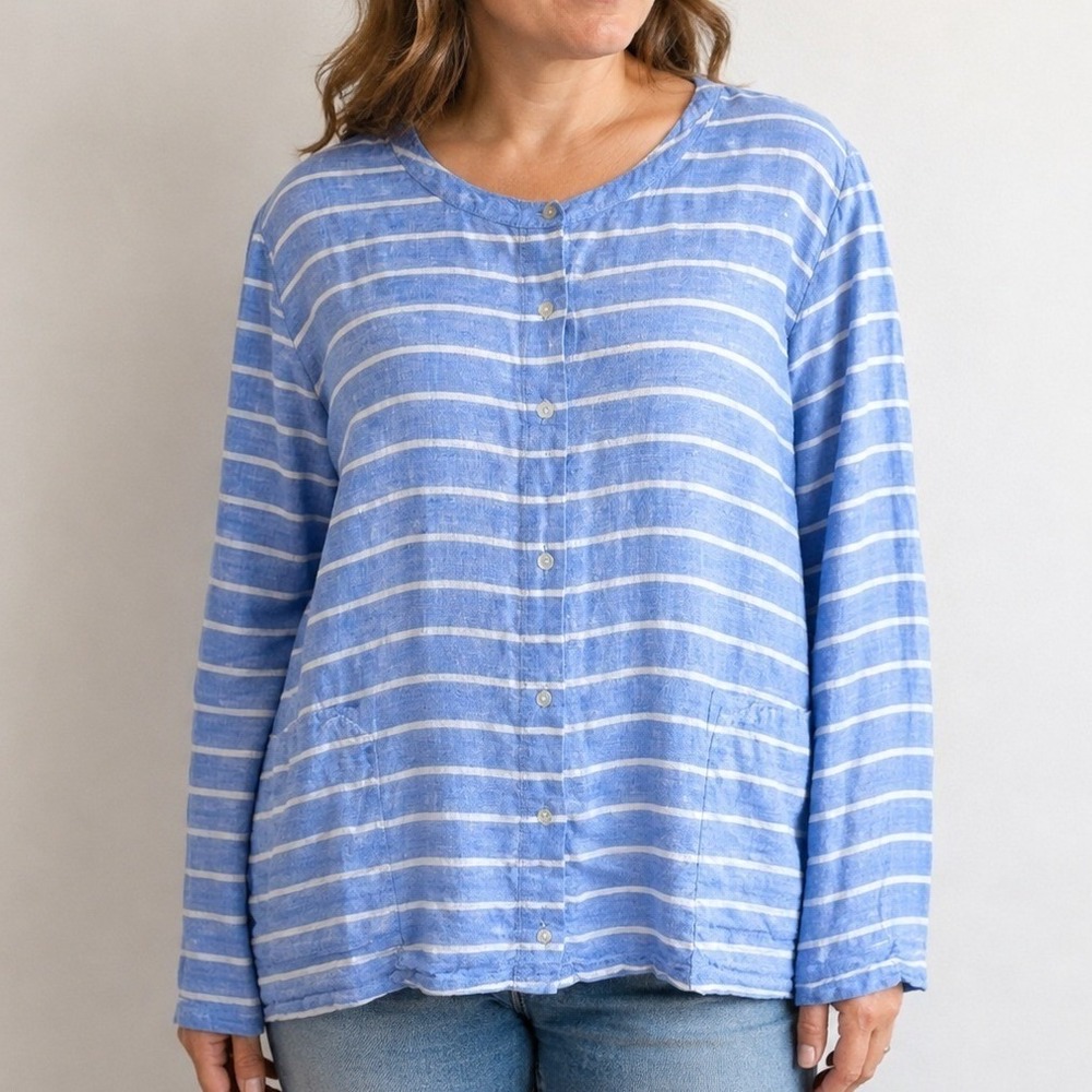 C&C California 100% Linen Blue White Stripe Button Front Blouse Large